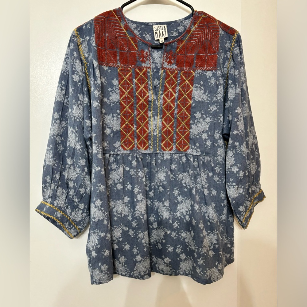 Sister Mary Yolanda Boho Peasant Cotton Embroidered Top Size Medium
